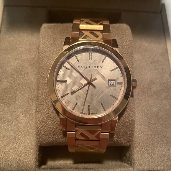 Burberry Engraved Check Rose Gold Wrist Watch - Picture 1 of 4